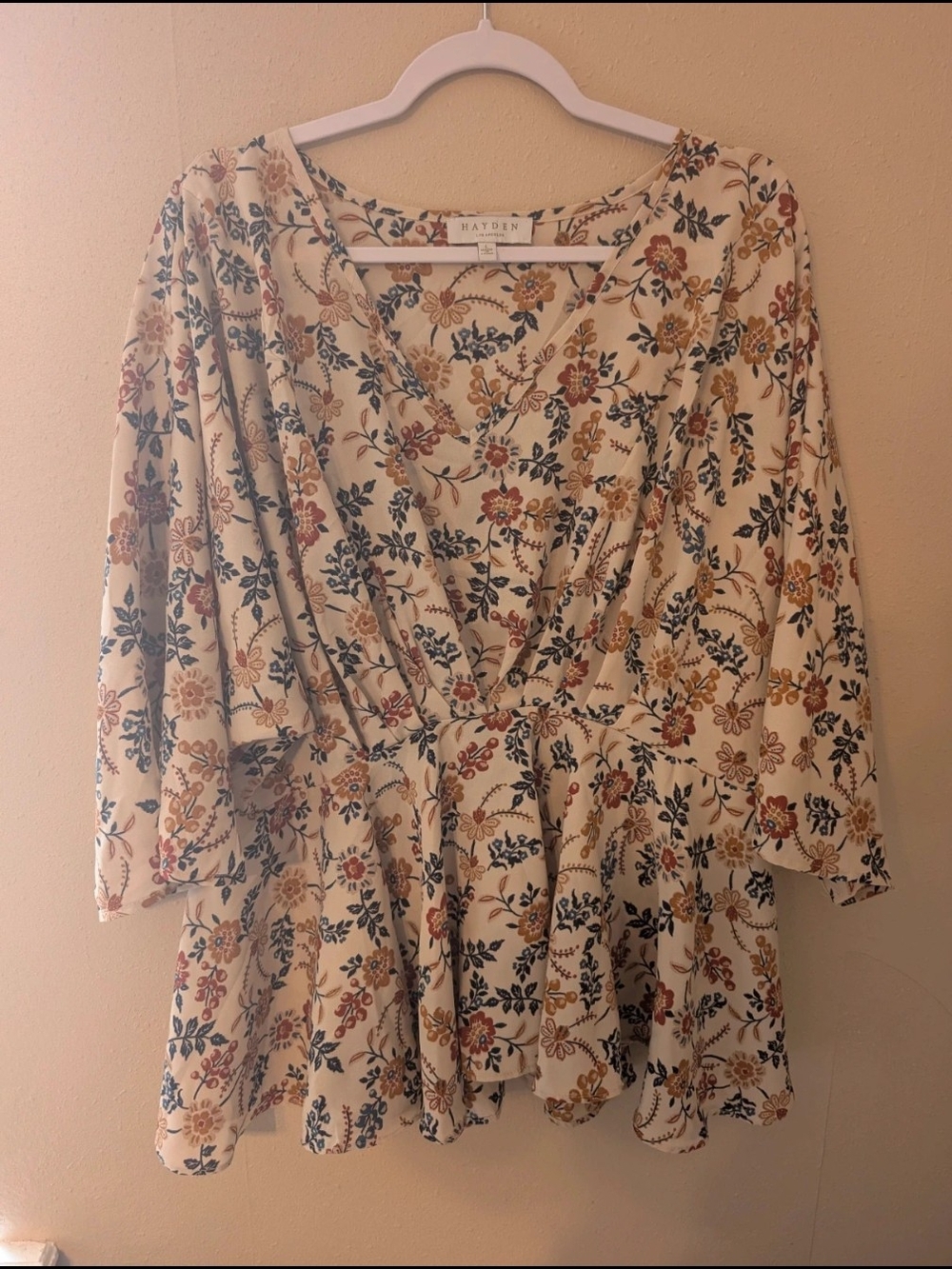 Hayden Cream Floral Peplum Top with Rust and Navy Blooms